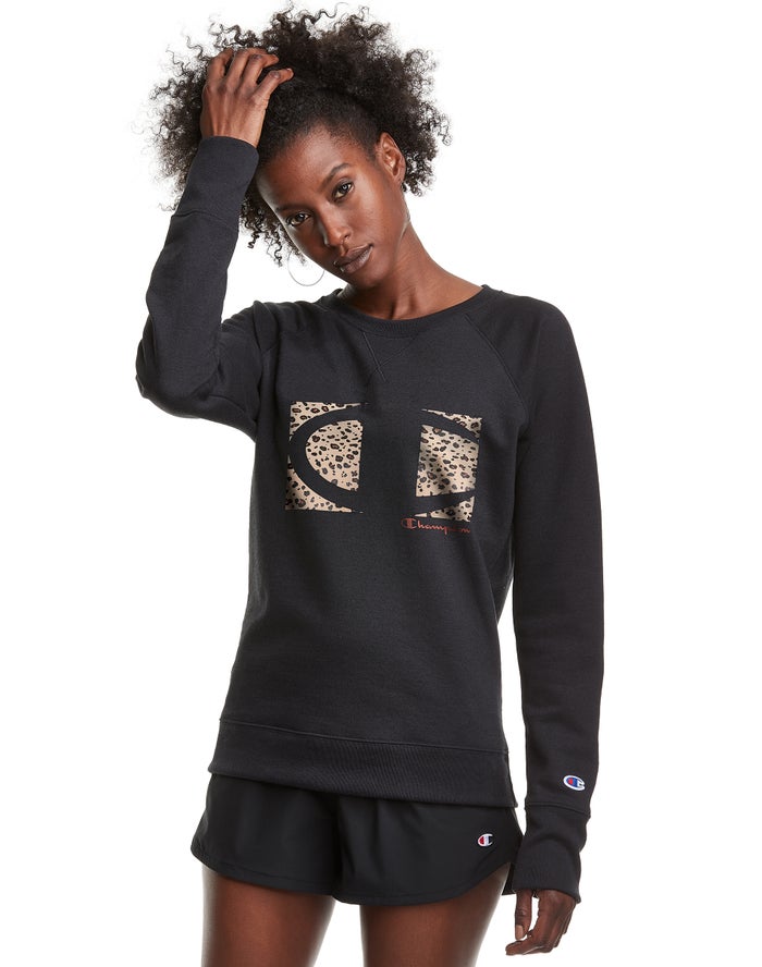 Champion Womens Sweatshirt NZ - Powerblend Fleece Crew Leopard Colorblock Logo Black ( 0236-GRKBZ )